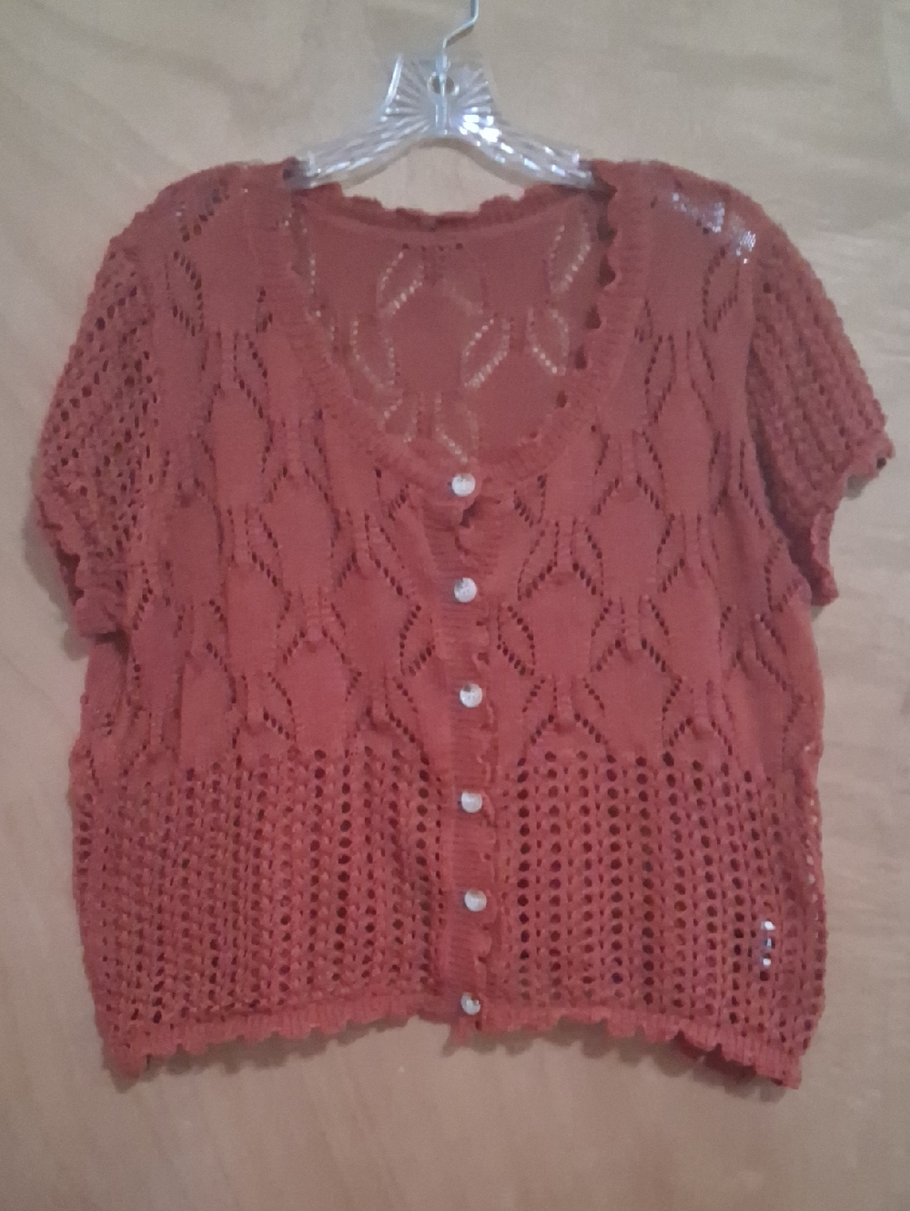 Rust Orange Crochet Button-Up Cardigan